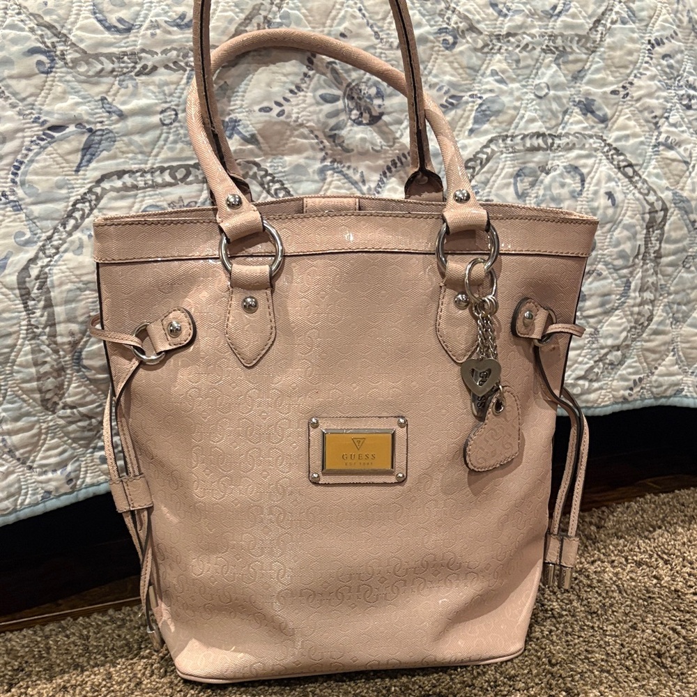 GUESS Light Pink Patent Tote with Heart Charm